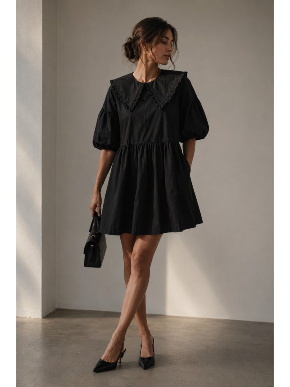 Collusion Black Cotton Babydoll Mini Dress Peter Pan Collar Puff Sleeve US10
